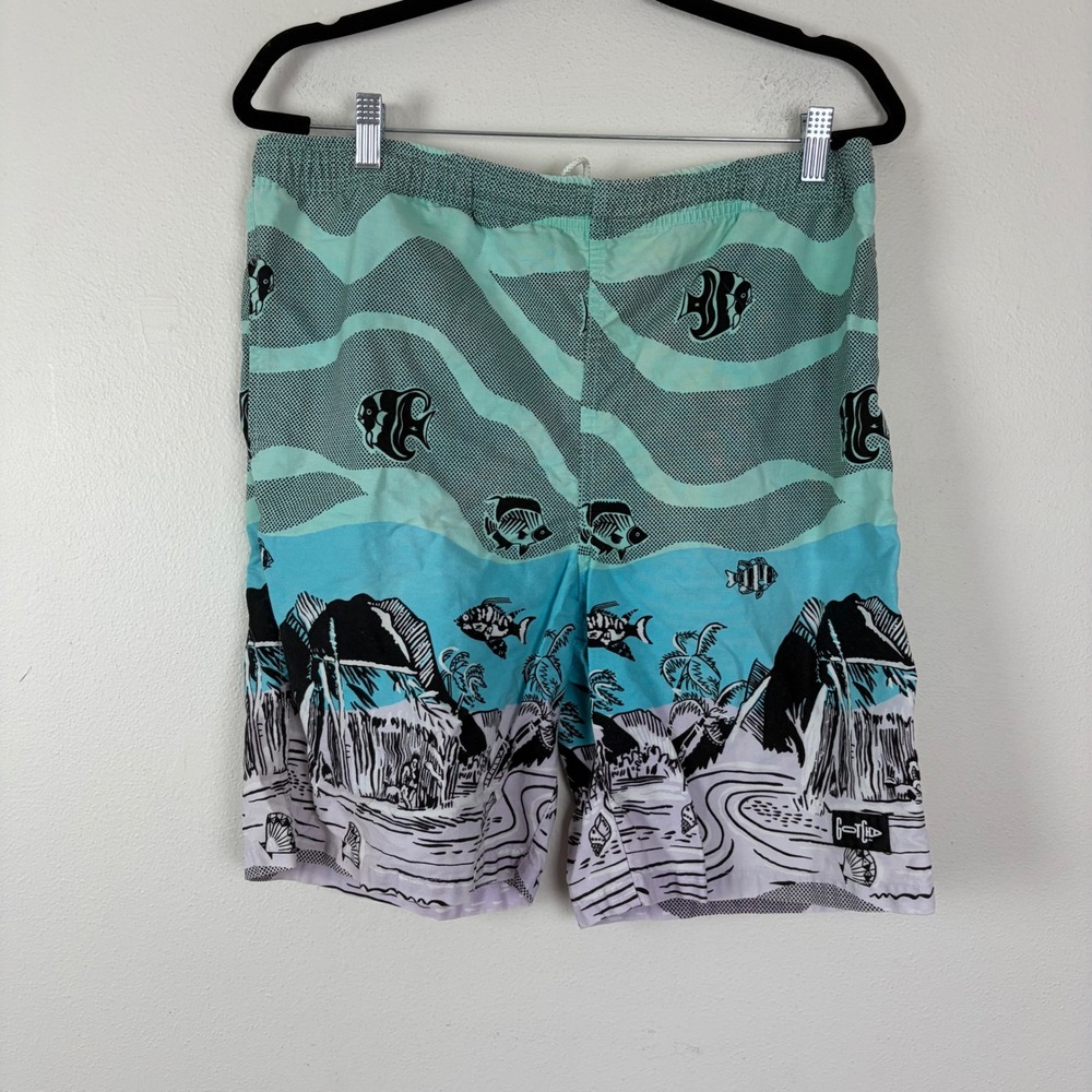 Vintage Gotcha Swim Trunks XL Teal Blue Tropical Fish Cotton Board Shorts 90s